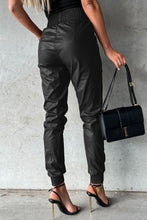 Load image into Gallery viewer, Black Smocked High-Waist Leather Joggers