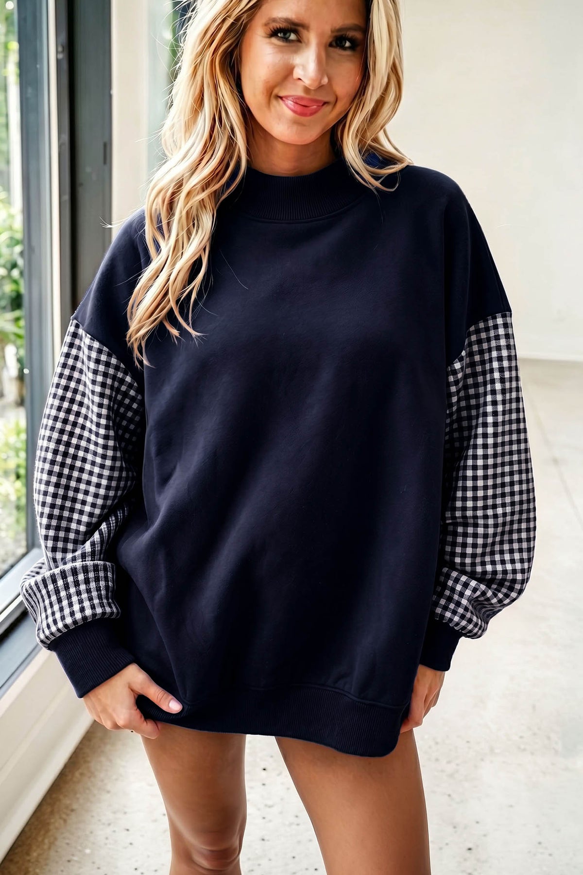 Russet Orange Plaid Sleeve Colorblock Loose Tunic Sweatshirt
