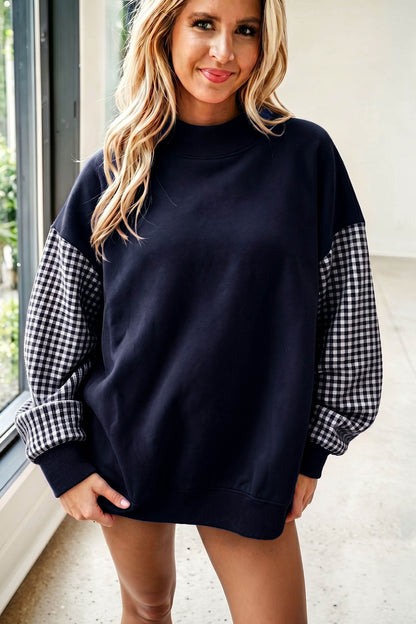 Russet Orange Plaid Sleeve Colorblock Loose Tunic Sweatshirt