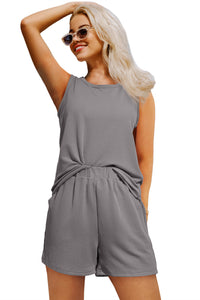 Erin-Medium Grey Corded Sleeveless Top and Pocketed Shorts Set