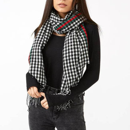 Black Petite Check Fringe Scarf