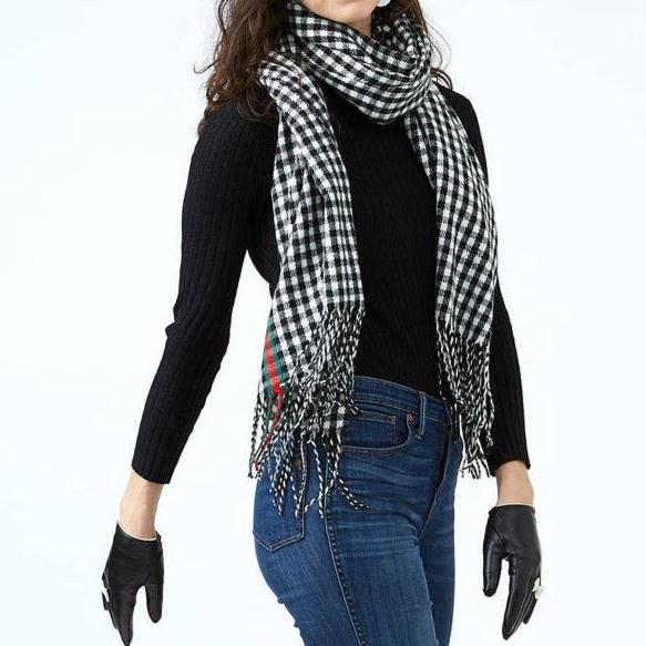 Black Petite Check Fringe Scarf