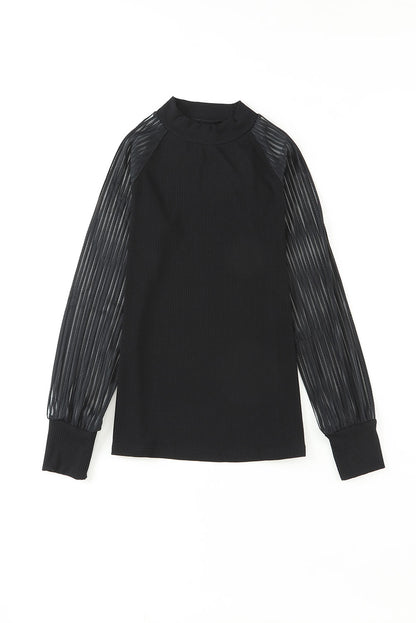 Ribbed Solid Color Striped Mesh Long Sleeve Top