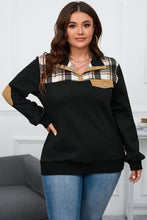 Load image into Gallery viewer, Black Plus Size Quilted Plaid Patch Henley Sweatshirt