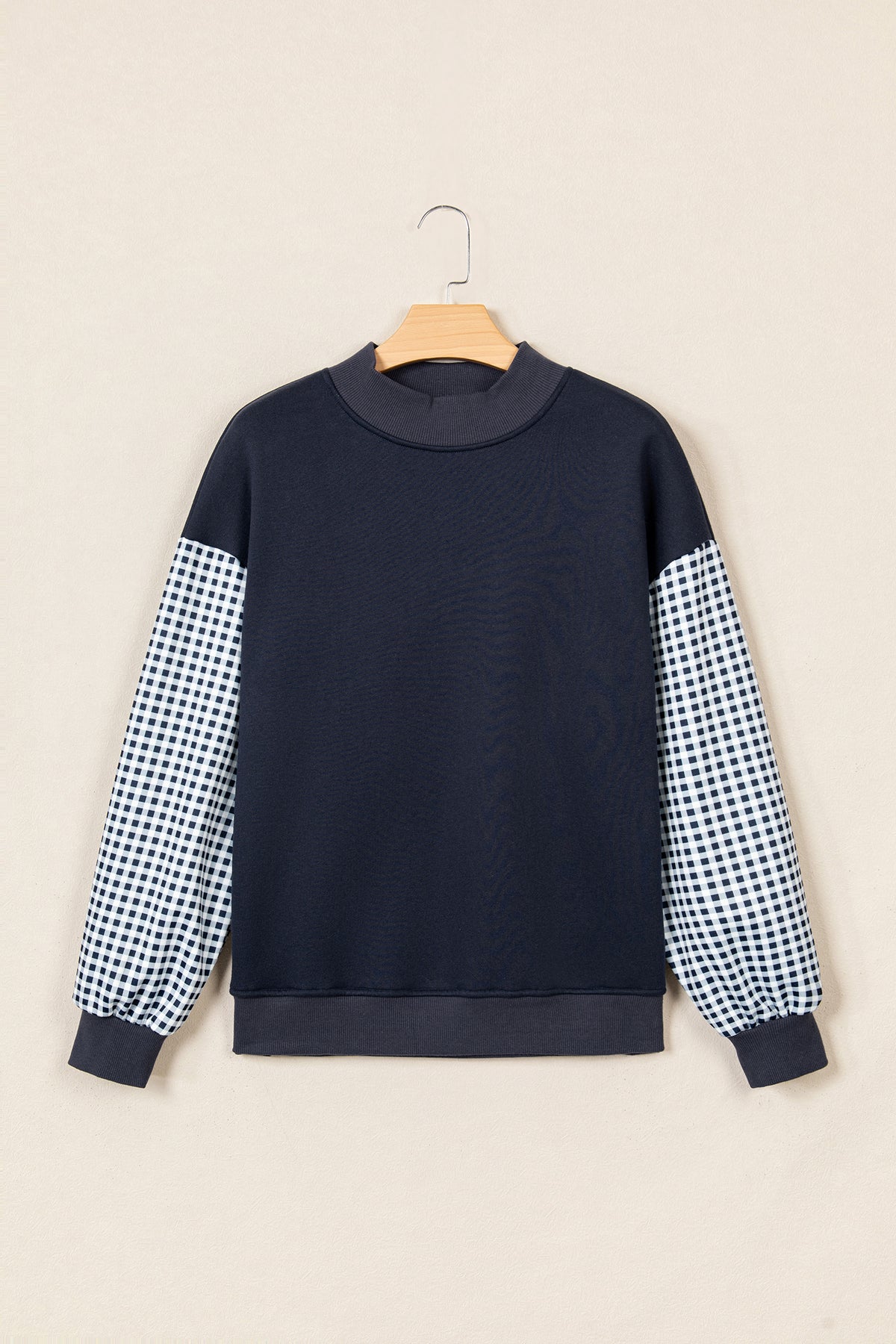 Russet Orange Plaid Sleeve Colorblock Loose Tunic Sweatshirt