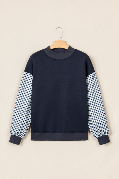 Russet Orange Plaid Sleeve Colorblock Loose Tunic Sweatshirt
