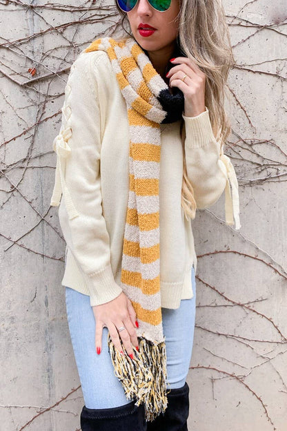 Yellow Multi Stripe Printed Knit Oblong Scarf With Tassel