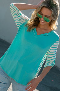 Amber-Mix Stripe Roll Sleeve Top