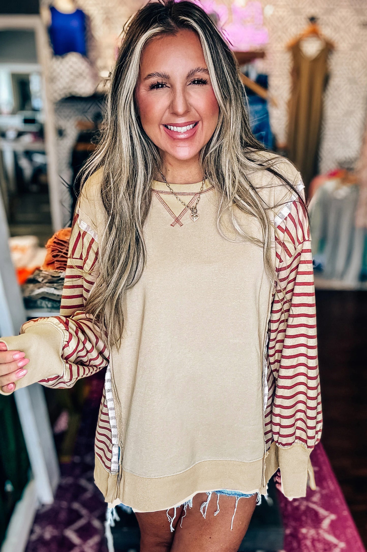 Red Stripe Sleeve Knit Top