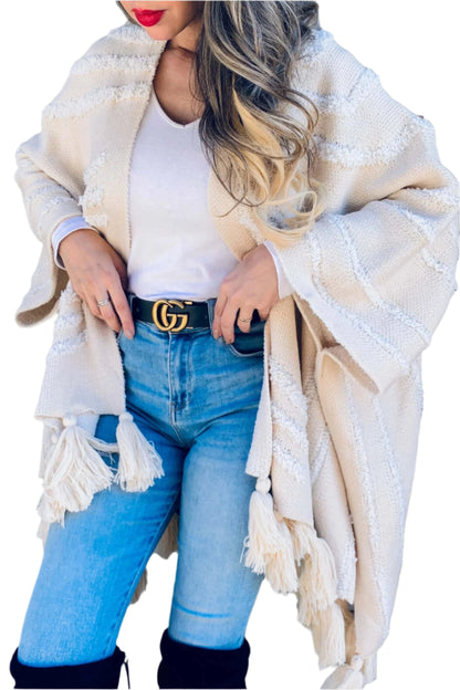 Gracie Cream Textured Chunky Tassel Cardigan