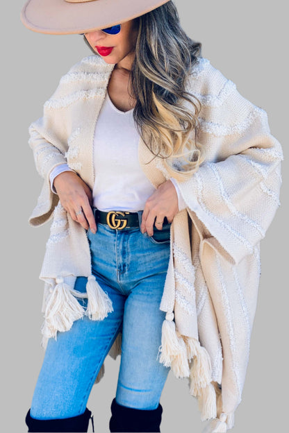 Gracie Cream Textured Chunky Tassel Cardigan