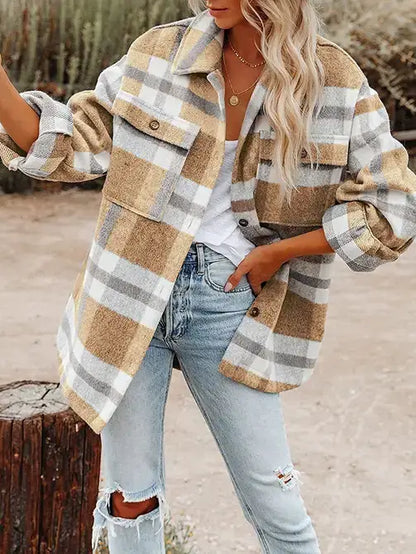 Navy Blue Plaid Button Flannel Shirt Jacket