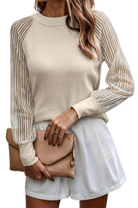 Ribbed Solid Color Striped Mesh Long Sleeve Top