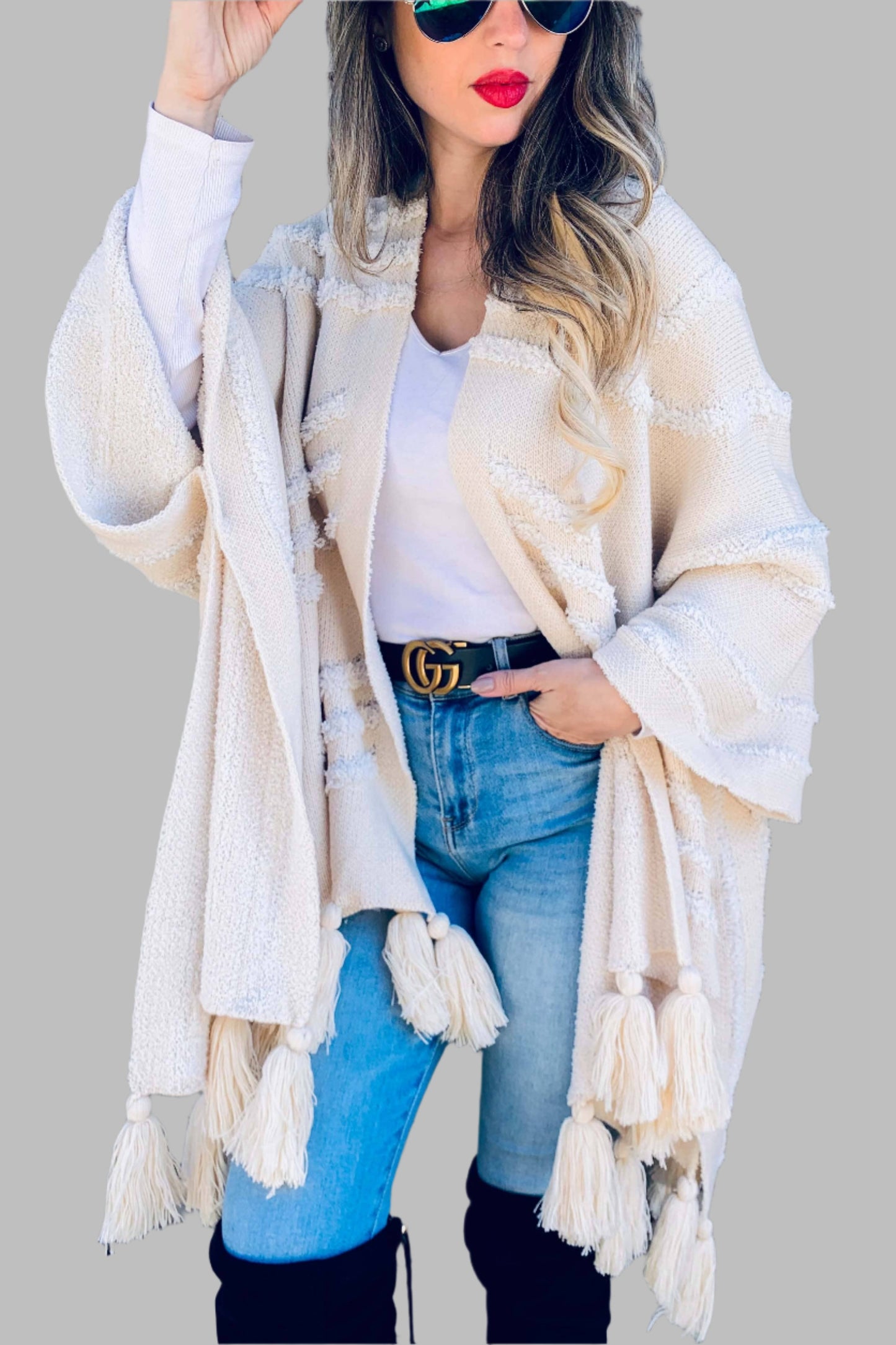 Gracie Cream Textured Chunky Tassel Cardigan