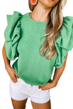 Load image into Gallery viewer, Green Solid Color Ruffle Sleeve Ribbed Blouse