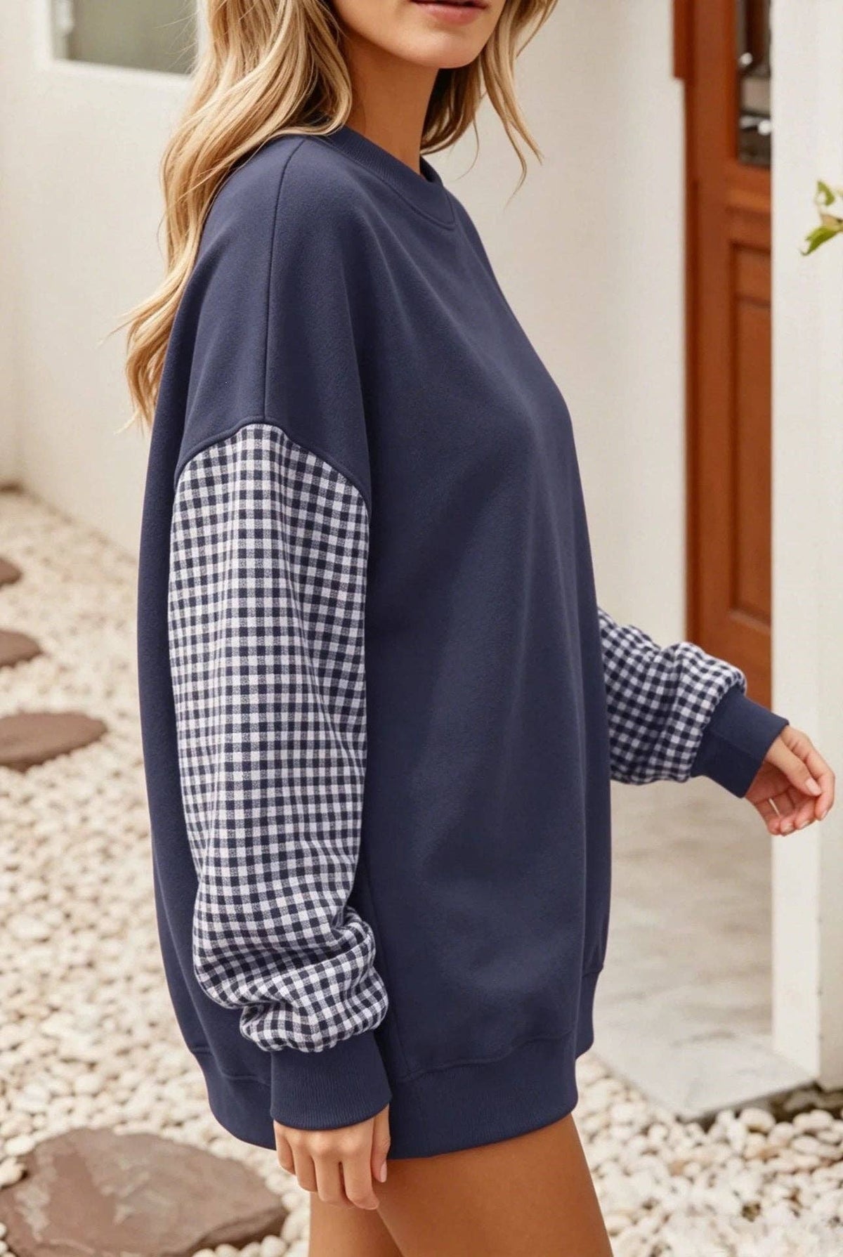 Plaid Color Block Oversized Sweatshirt Casual Fall Pullover