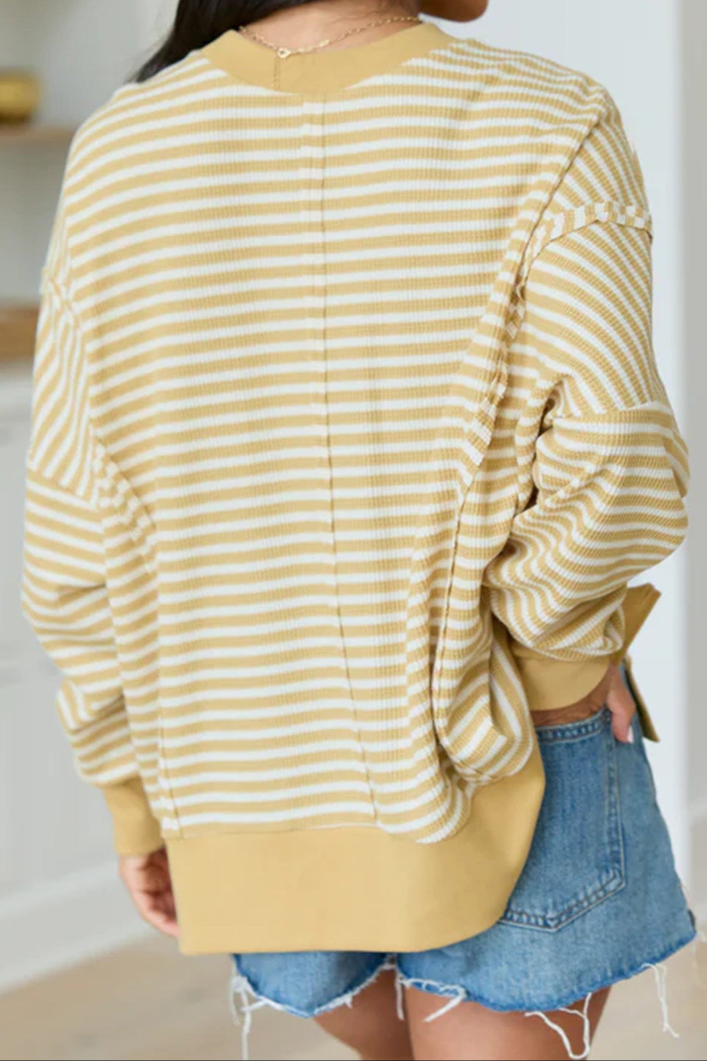 Khaki Stripe Textured Knit Color Block Trim Split Hem Long Sleeve Top