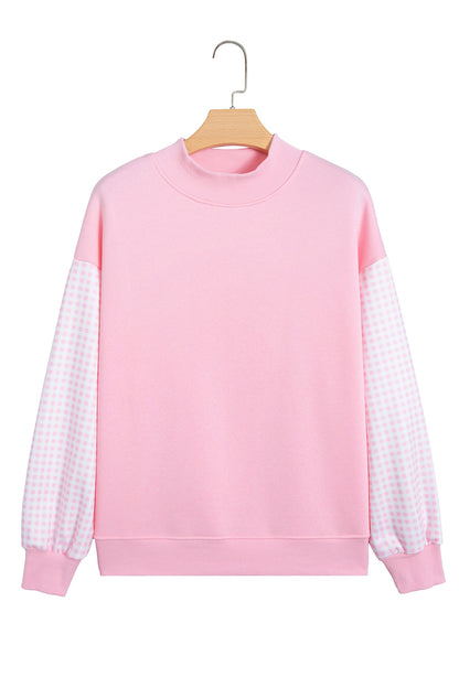 Russet Orange Plaid Sleeve Colorblock Loose Tunic Sweatshirt