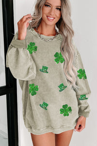 Green St Patrick Sequined Clover Graphic Corded Sweatshirt