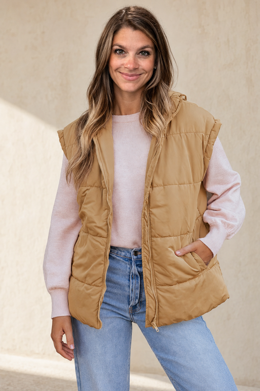 Khaki Oversized Cozy High Collar Layering Vest