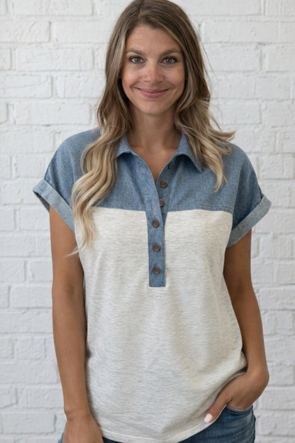 Grey Color Block Denim Short Sleeve Top
