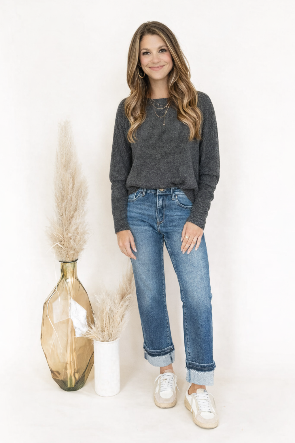 Carbon Grey Twisted Ribbed Long Sleeve Top