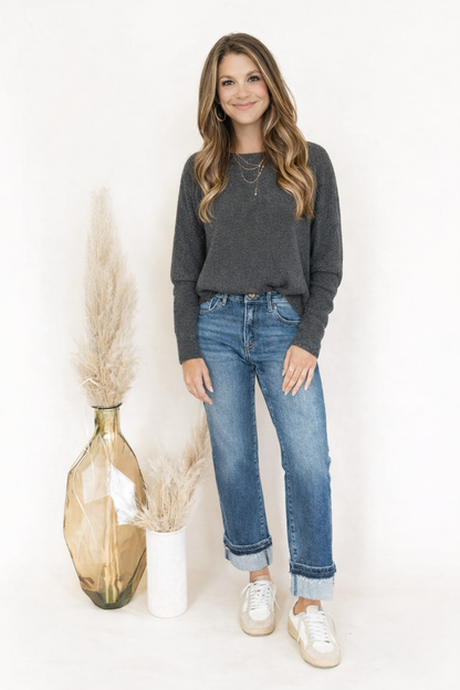 Carbon Grey Twisted Ribbed Long Sleeve Top