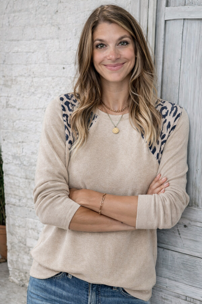 Beige Leopard Print Detail Round Neck Long Sleeve Top