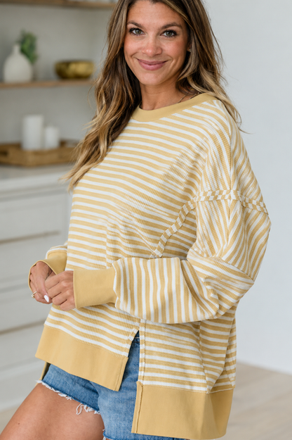 Khaki Stripe Textured Knit Color Block Trim Split Hem Long Sleeve Top