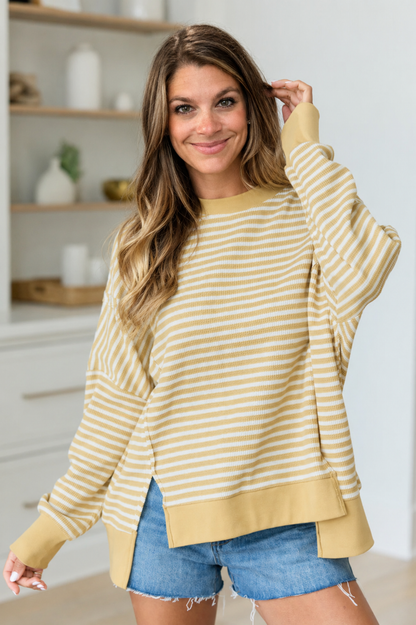 Khaki Stripe Textured Knit Color Block Trim Split Hem Long Sleeve Top