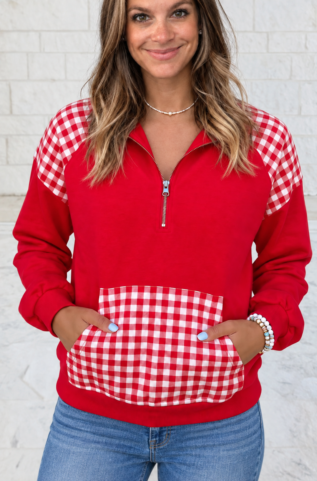 Racing Red Patchwork Plaid Pocket Quarter Zip Sweatshirt