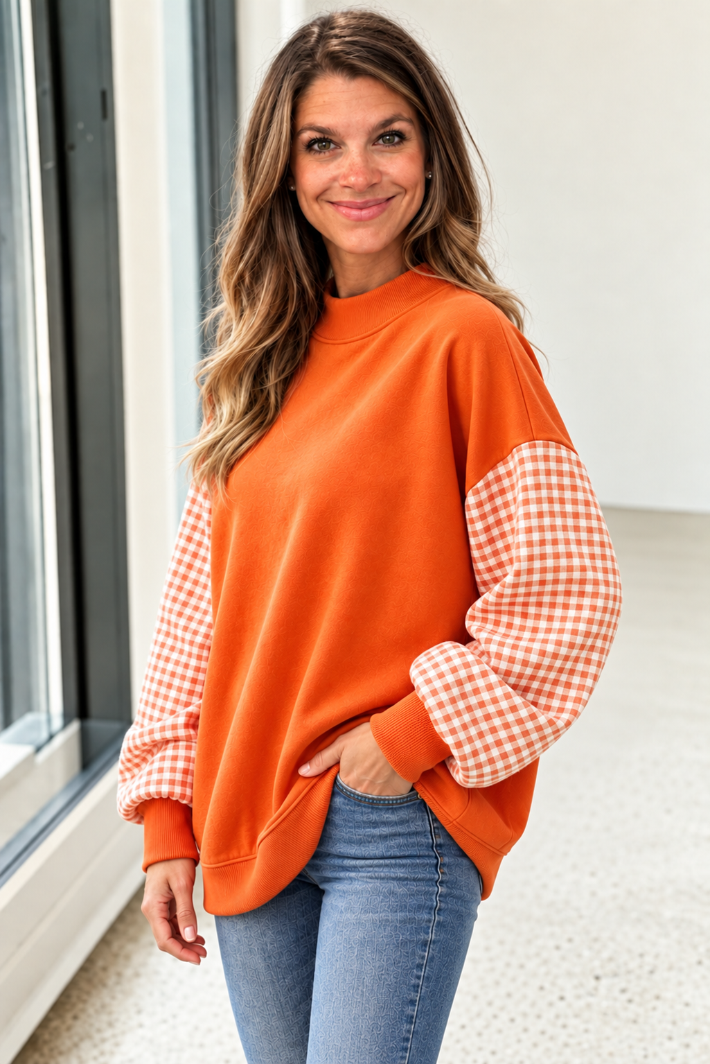 Russet Orange Plaid Sleeve Colorblock Loose Tunic Sweatshirt