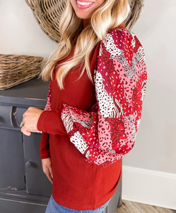 Fiery Red Mixed Animal Print Sleeve Ribbed Top