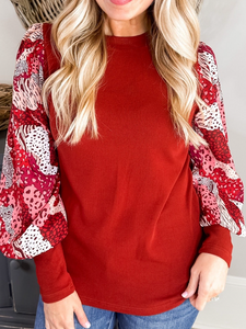 Fiery Red Mixed Animal Print Sleeve Ribbed Top