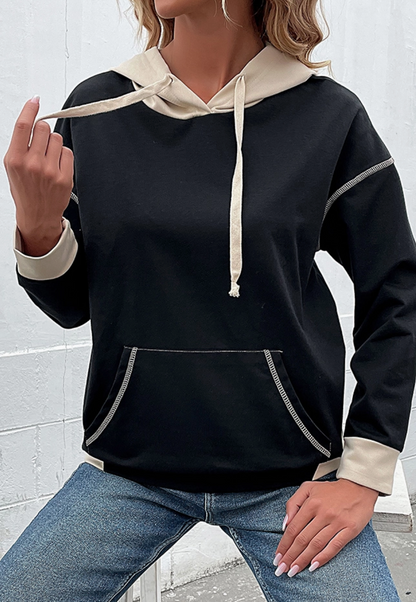 Black with Contrast Stitching Pocket Hoodie