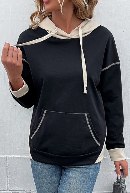 Black with Contrast Stitching Pocket Hoodie