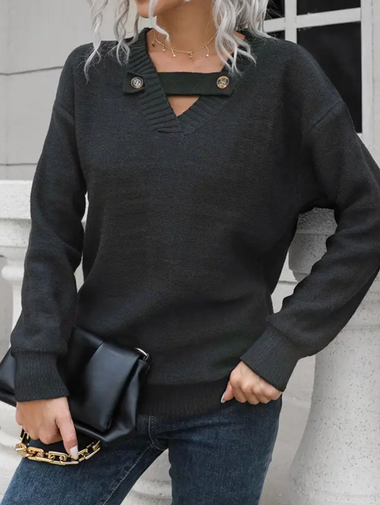 V-neck Button Neck Sweater