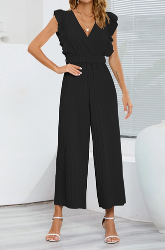 Stacey- V Neck  Pleated Wide Leg Jumpsuit