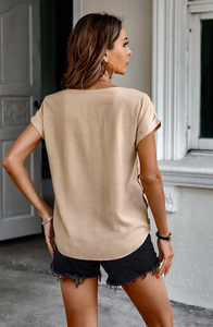 Rachael-Button Round Neck Loose Fit Solid Top