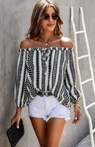Mia-Strip Color Blocked Knot Ruffle Off Shoulder Top