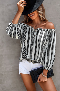 Mia-Strip Color Blocked Knot Ruffle Off Shoulder Top
