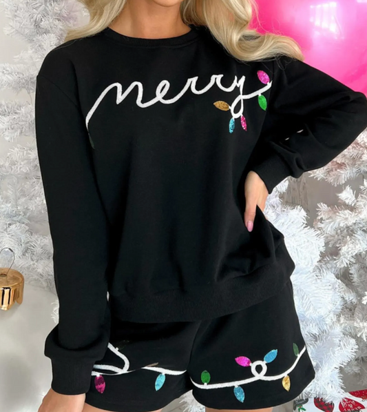 Black Sequin Merry Graphic Pullover and Shorts Outfit