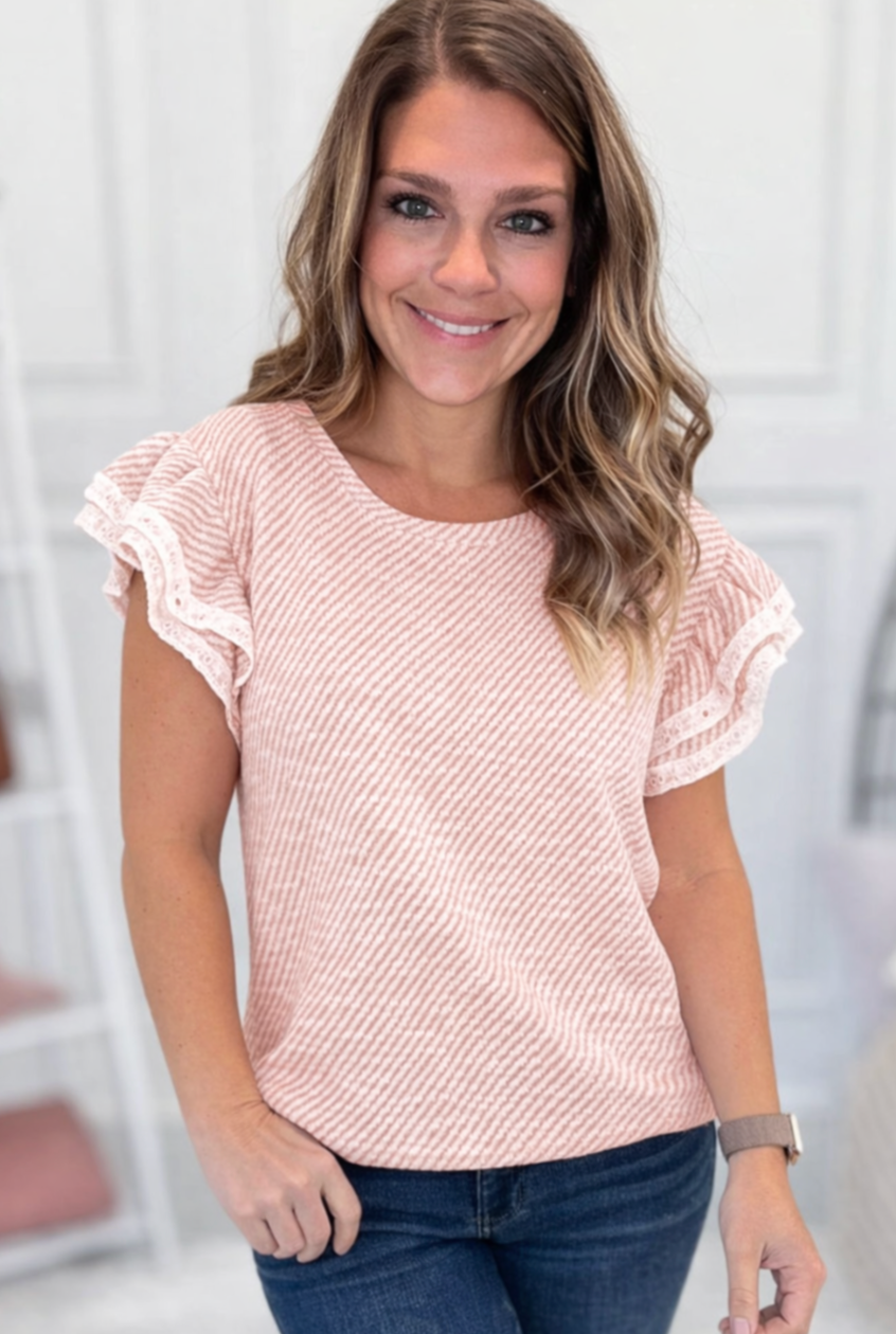 Light Pink Twilled Print Lace Trim Ruffled Short Sleeve Blouse