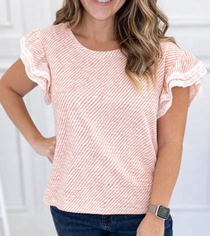 Light Pink Twilled Print Lace Trim Ruffled Short Sleeve Blouse