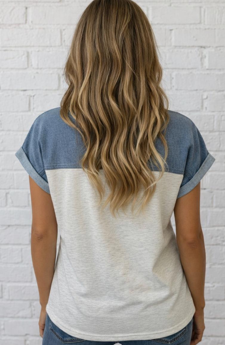 Grey Color Block Denim Short Sleeve Top