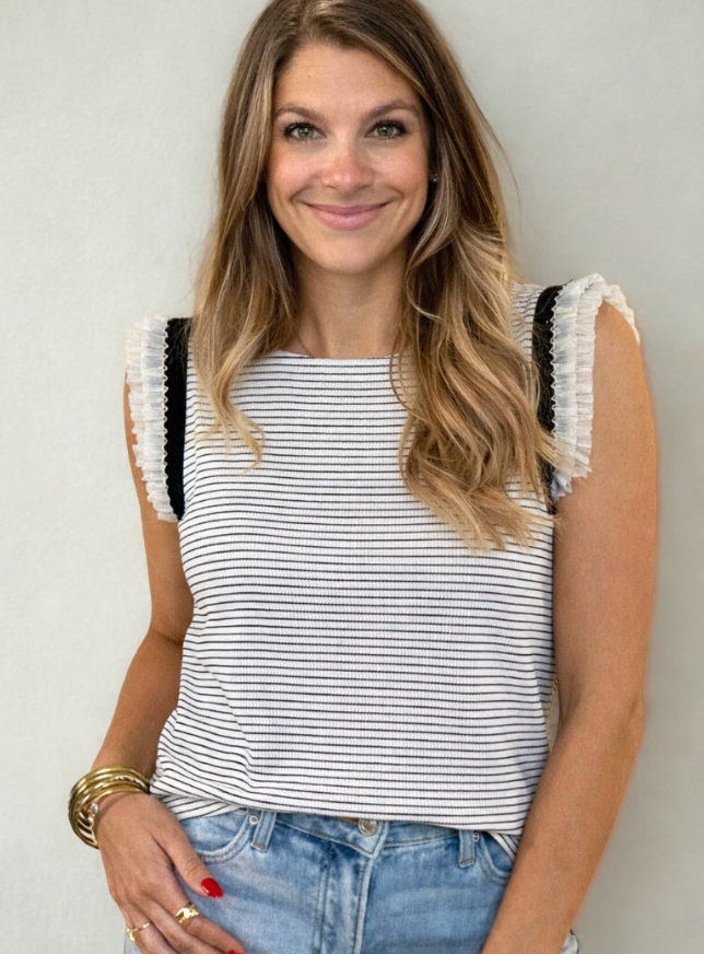 Black Stripe Ruffle Trim Casual Tank Top