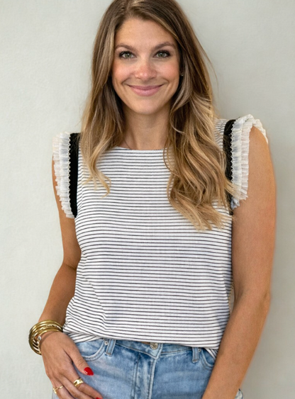 Black Stripe Ruffle Trim Casual Tank Top