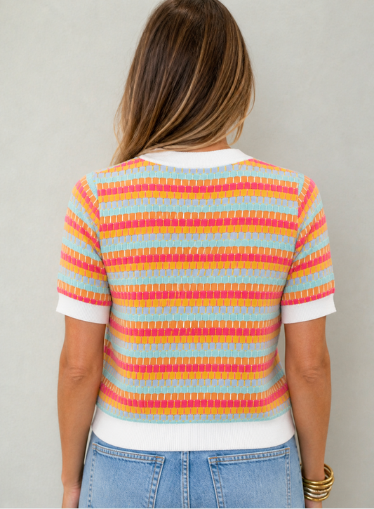 Orange Abstract Striped Knit Short Sleeve Sweater