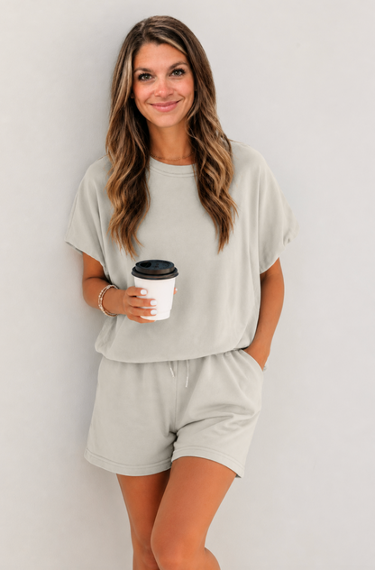 Smoke Gray Solid Color Puffy Short Set