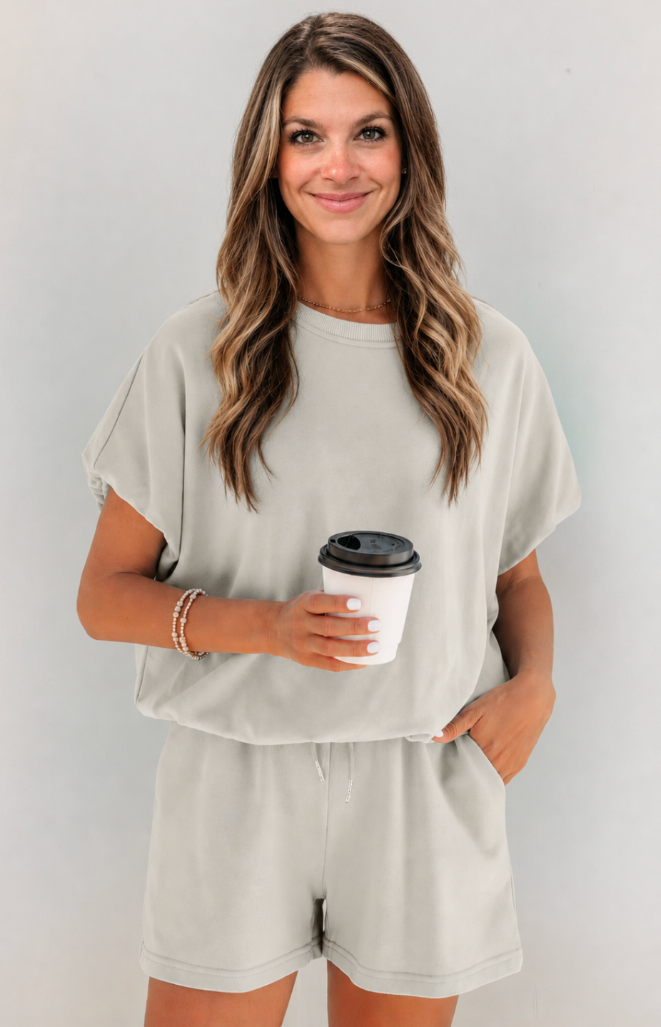 Smoke Gray Solid Color Puffy Short Set